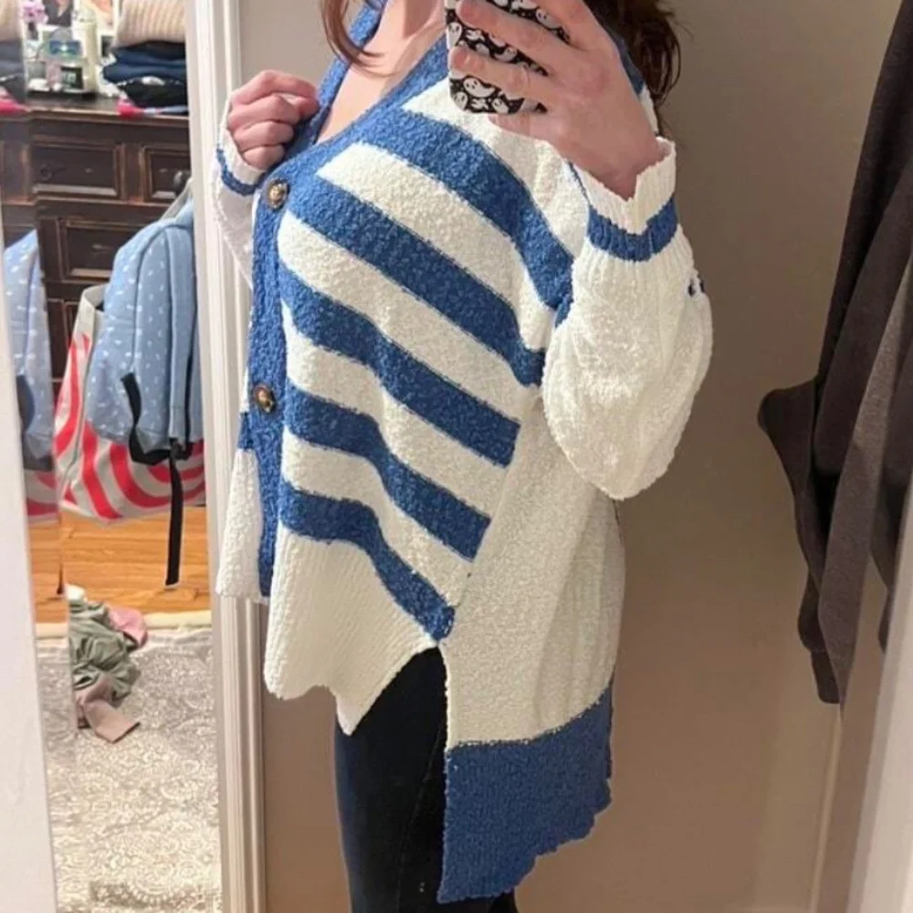 Cozy Color block Striped Button Down Oversized High Low Cardigan - Picture 9 of 11